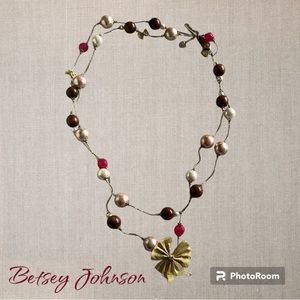 RARE Betsey Johnson Pearl, Bead & Gold Ribbon Long Statement Necklace